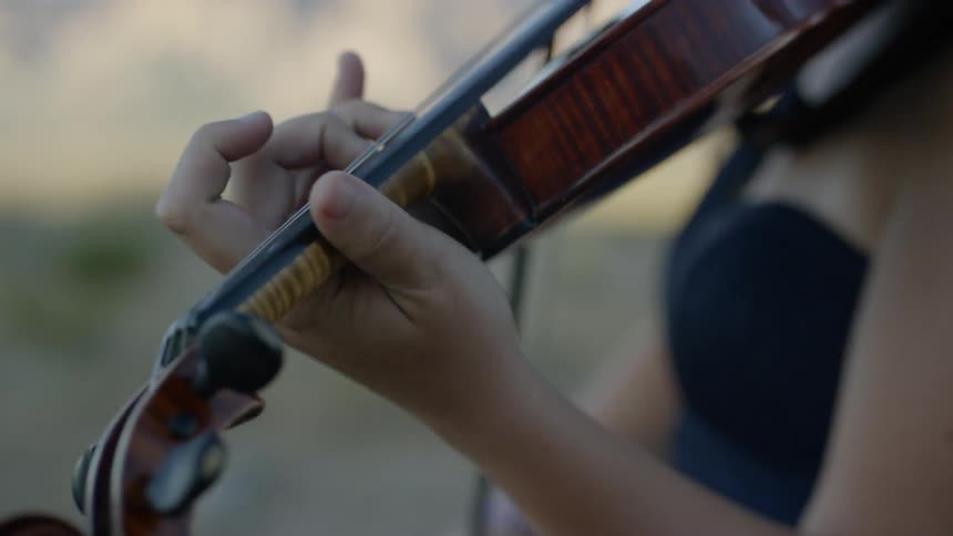 A woman plays the fiddle