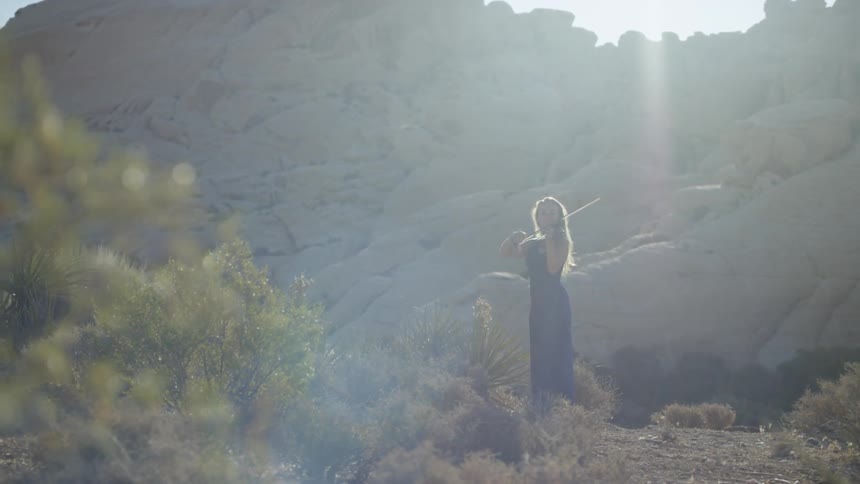 Blonde woman wearing a blue dress plays on the violin in the canyon