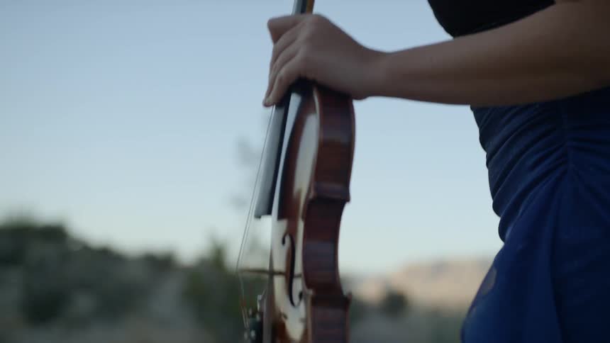 Woman in blue dress carries violin in hand while walking outdoors