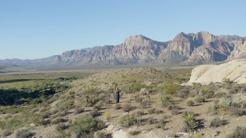 Woman plays violin on hill over rough terrain with mountains on the horizon
