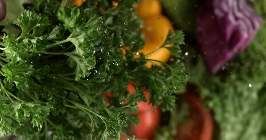A man shakes the water off of a bundle of parsley