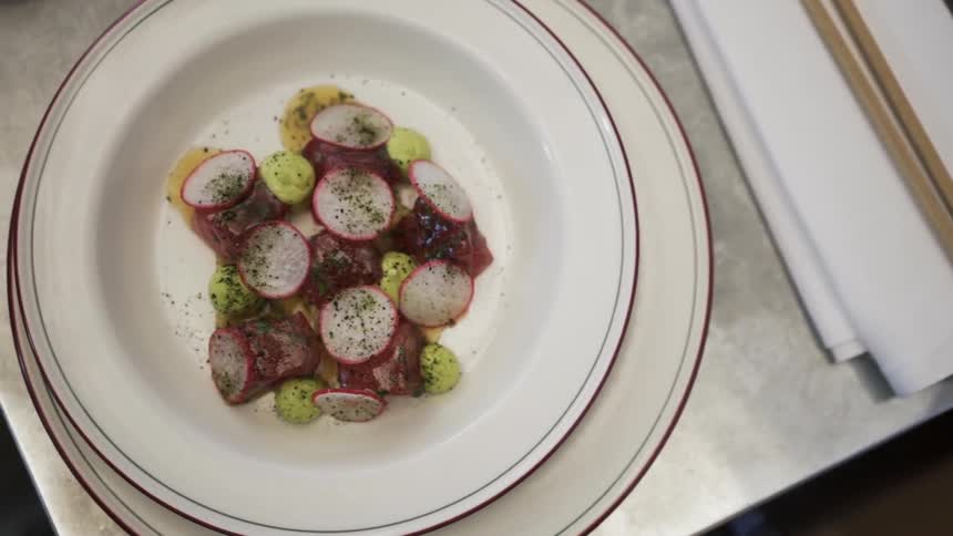 A plate of food is placed on a table