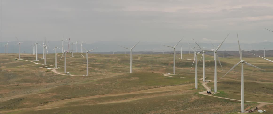 Aerial view of turbines on a wind farm