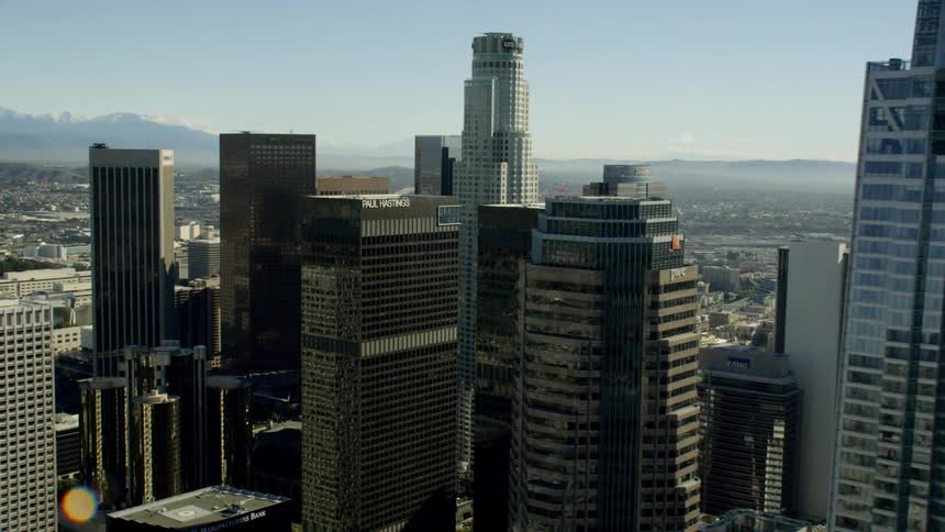 Flying through Downtown Los Angeles on a sunny winter day