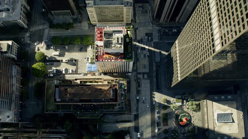 Top down daytime view of city skyscrapers