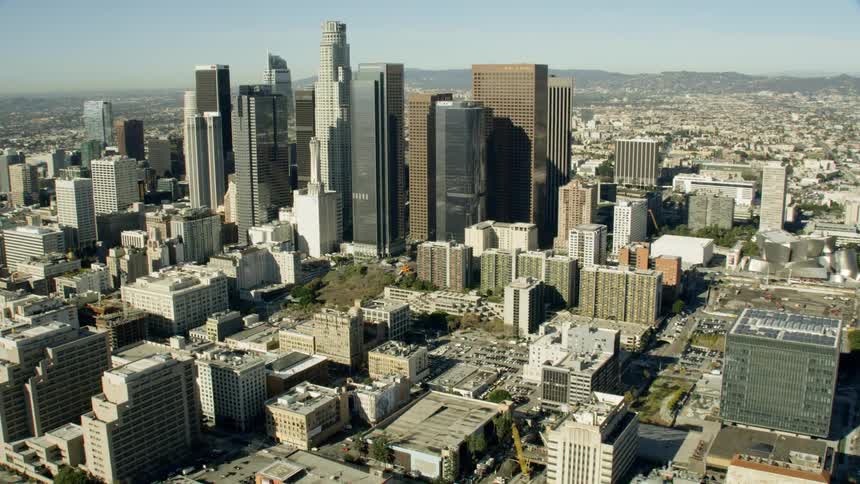 Aerial daytime establishing shot of Downtown LA