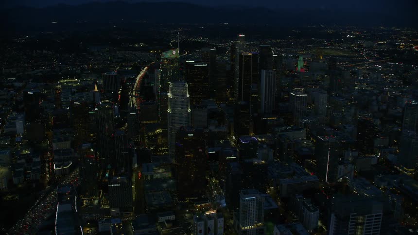 Aerial of Downtown Los Angeles with Christmas themed lights