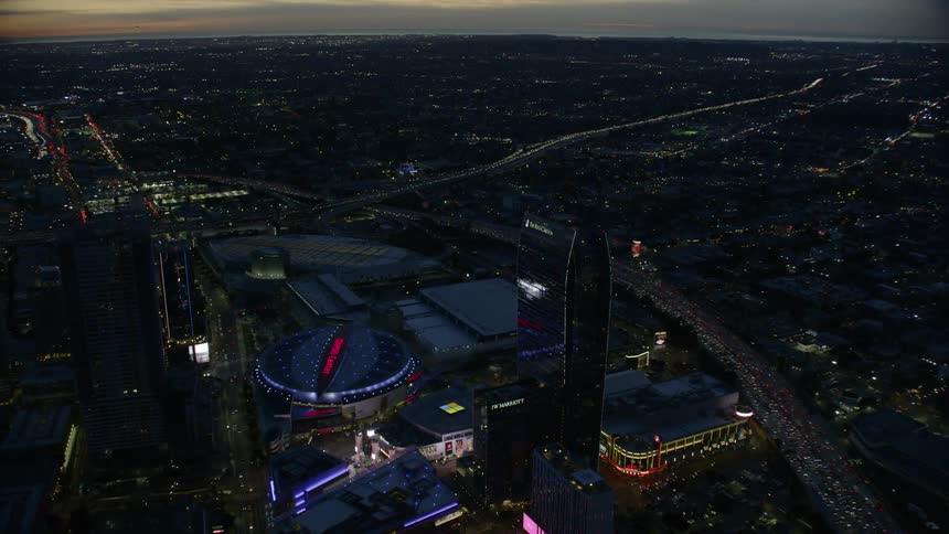 Sunset over Staples Center and Downtown Los Angeles