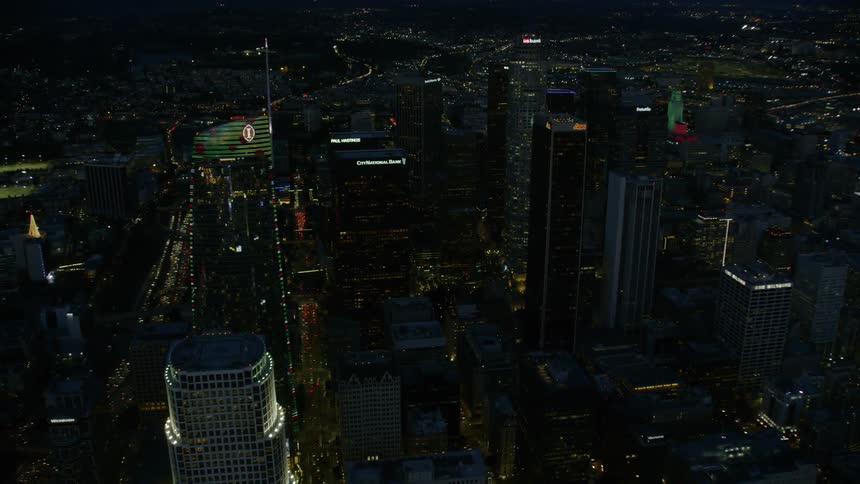Aerial of Downtown Los Angeles with Holiday lights
