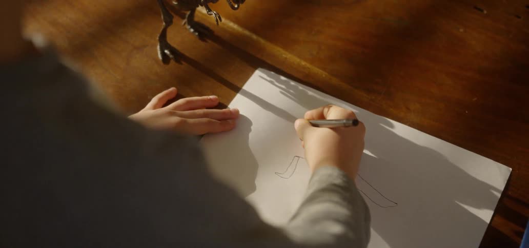 Boy sketches model of dinosaur skeleton at table
