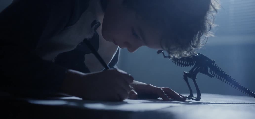 A boy draws his toy tyrannosaurus rex