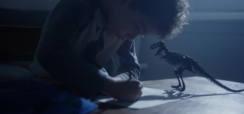 A boy draws his toy tyrannosaurus rex