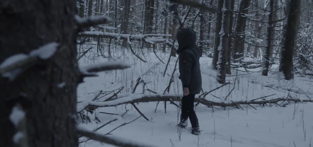 A young boy swings a small ax over his head an chops at a fallen branch in a snowy forest area