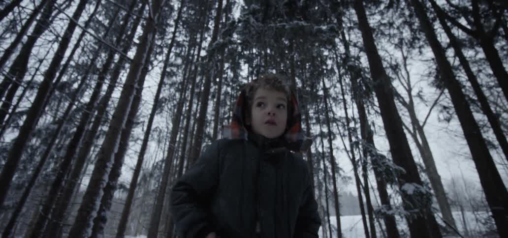 A child walks through a forest in winter