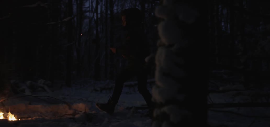 A boy walking through a dark forest to a small campfire