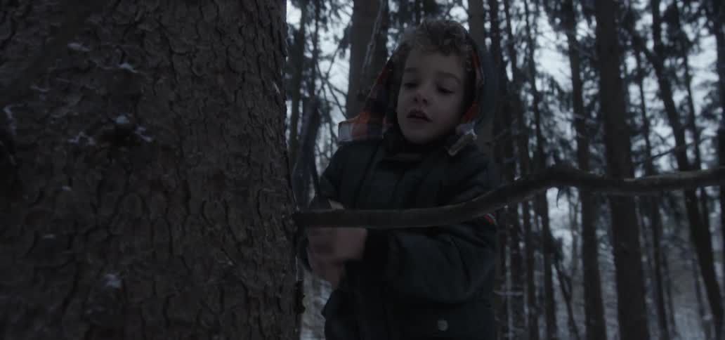 Boy chops small branch off tree with axe in winter