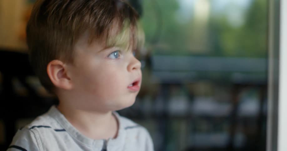 A boy looking out of the window then turning around