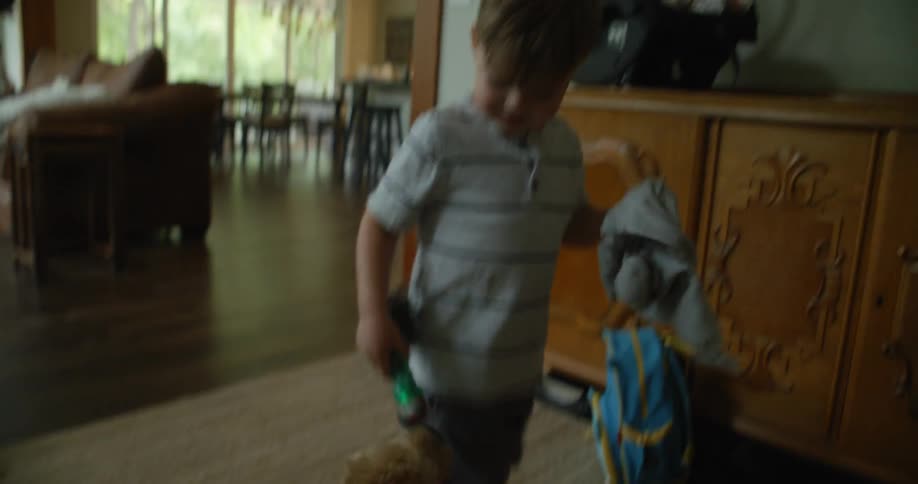 A child is playing with his dog in the living room