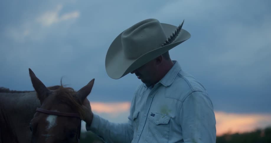 A man wearing a cowboy hat scratches a horse between its ears