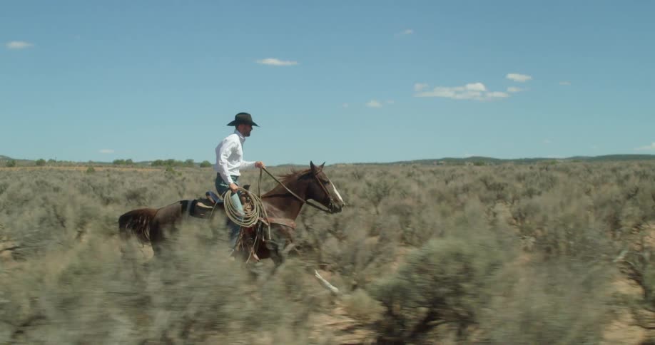 A man rides a horse across the desert