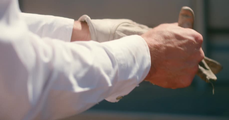 A mans arms with a white shirt taking off gloves