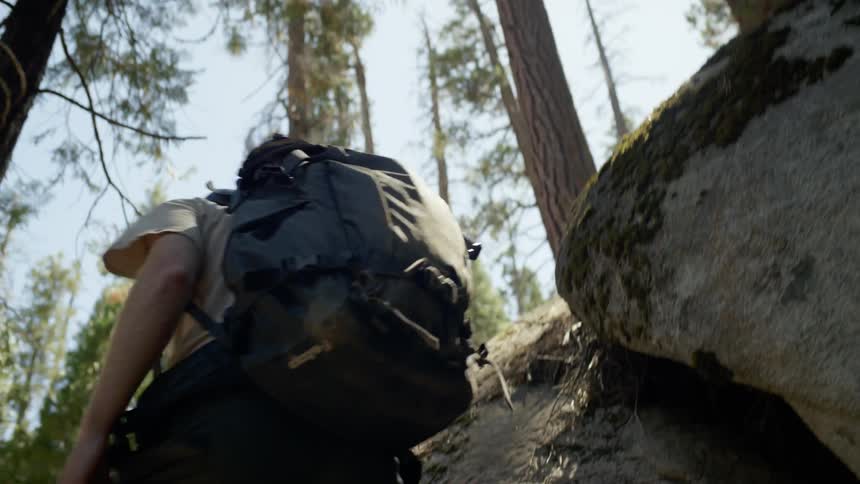 A hiker walking past a boulder in a forest
