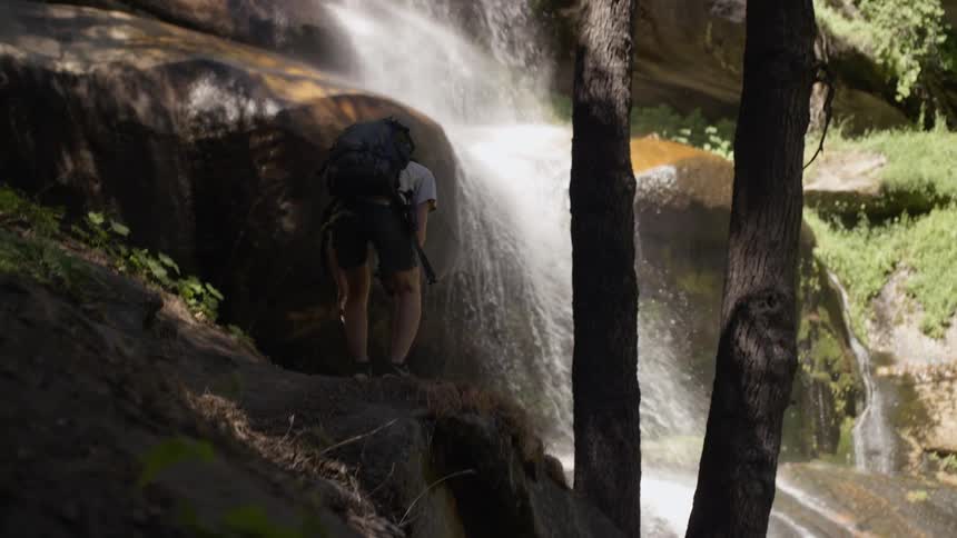 A hiker stands next to a gushing waterfall in the wilderness