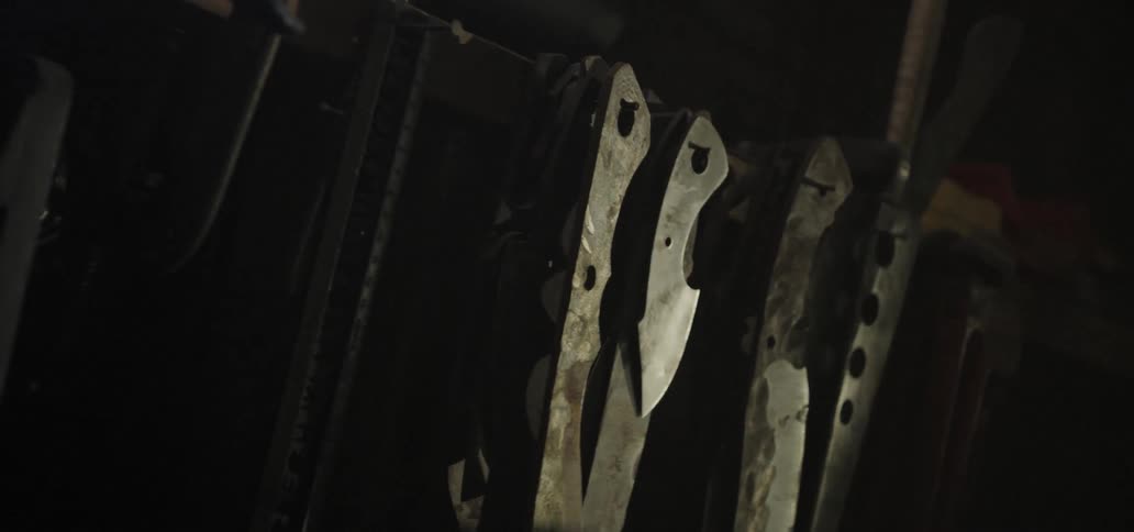 Blades hanging from nails in a shed