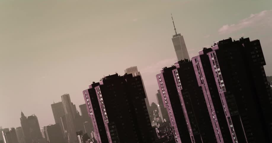 Buildings with the city skyline and skyscrapers in the background