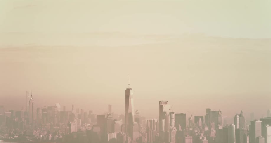 Skyscrapers stand in the distance in a smoggy city