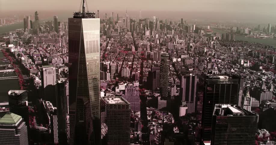 Skyline of the city with tall buildings and skyscrapers on a foggy day