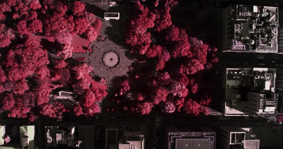 Birds eye view of buildings on cloudy day
