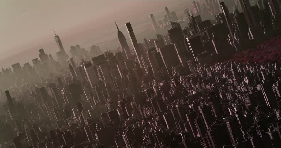 A massive metropolitan area that is absolutely full of sky scrapers is enveloped in a thick haze