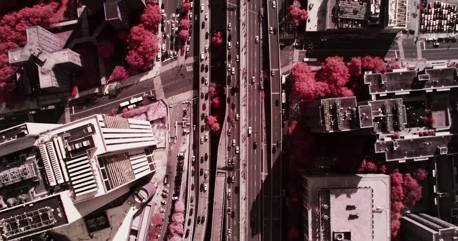 An aerial view of a downtown area is displayed