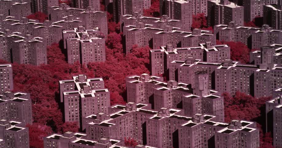 Aerial view of grey blocks of apartments