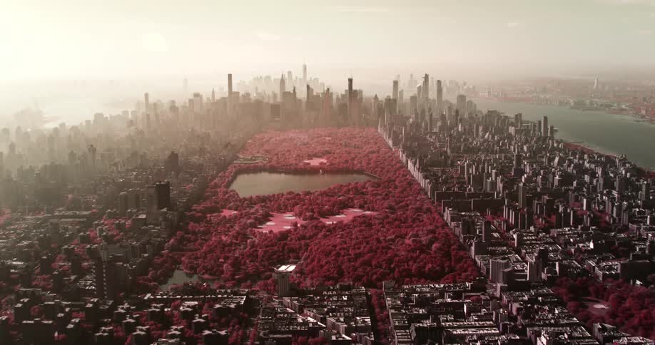 Aerial view of a new york central park covered with haze