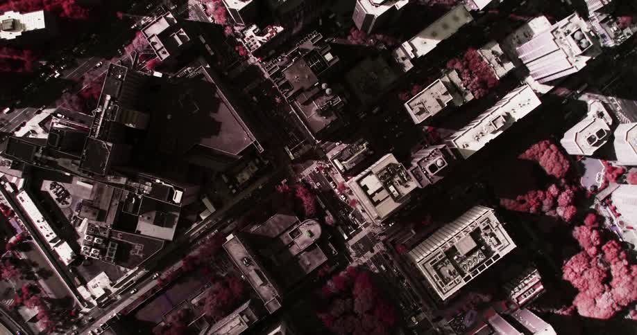 An aerial view of skyscrapers in a city