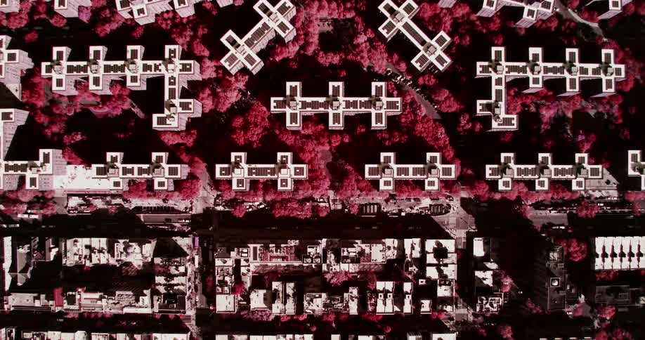 Rows of buildings in a metropolis from above