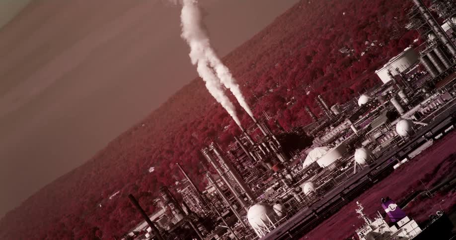 Smoke pours out of a smokestack at a large industrial facility