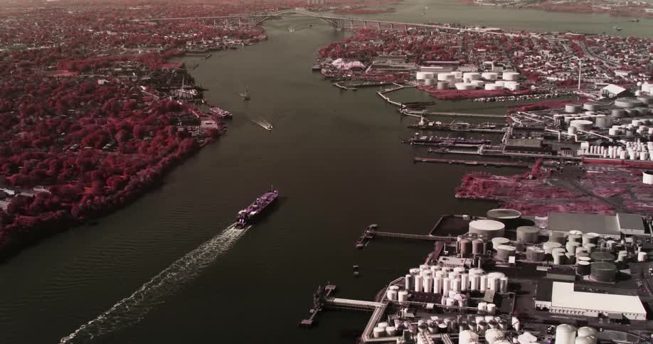 Ship moves along river between forest and gas storage tank
