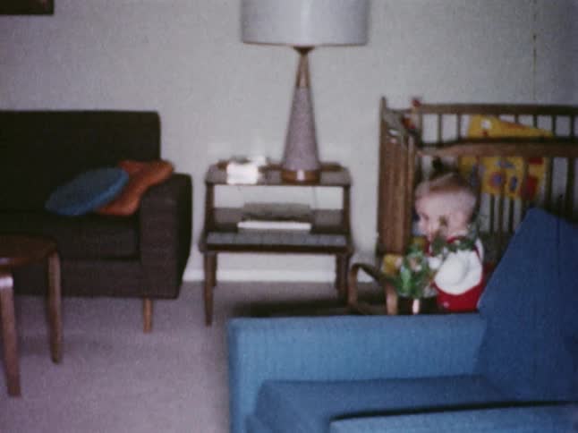 An infant walks and falls over into a potted plant
