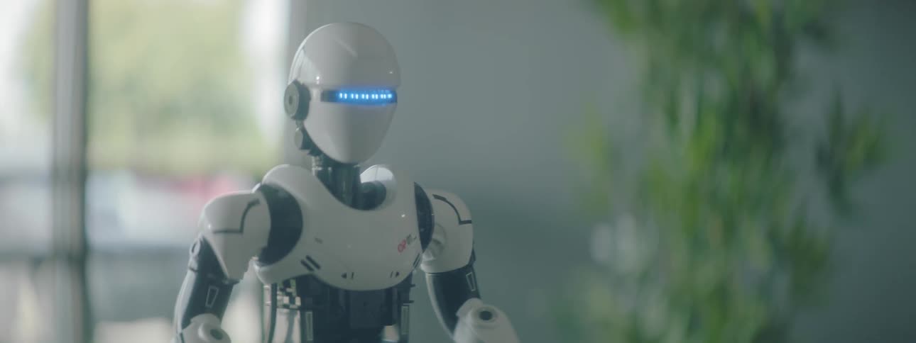 A woman watches as a small robot with blue flashing eyes turns around