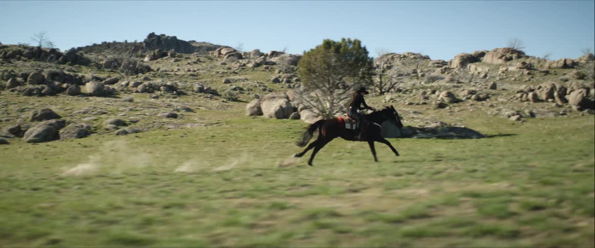A person rides a horse through a large area of grass and rock