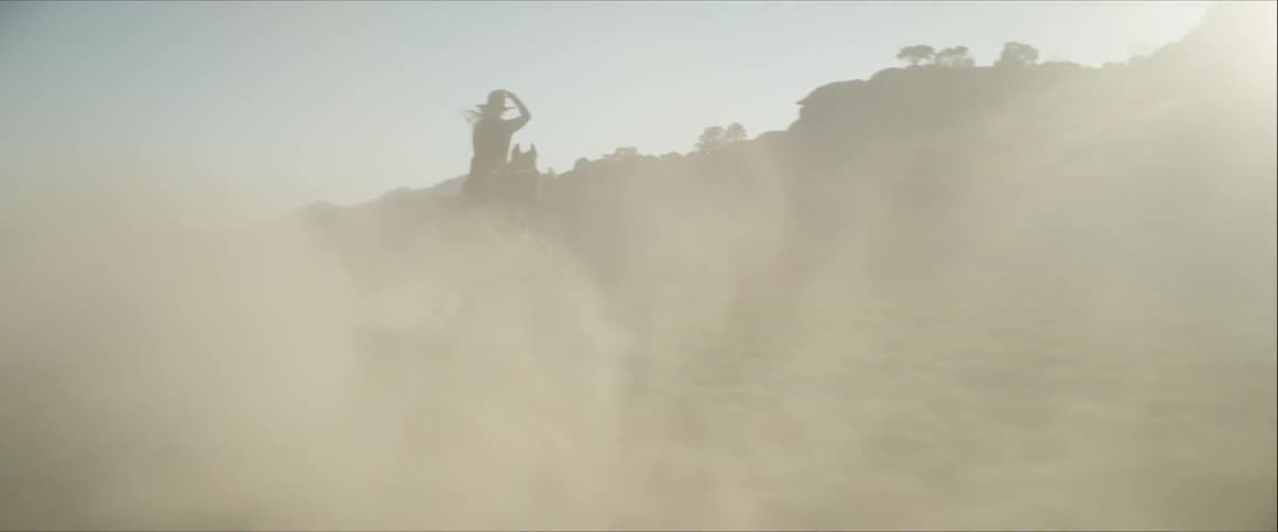 White woman riding a horse at high speed across a field