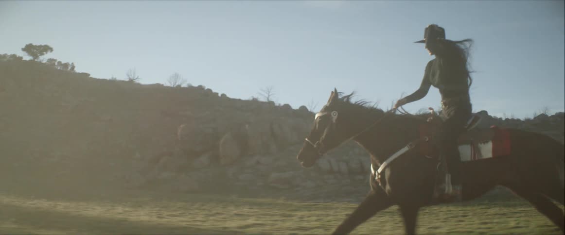 A woman rides a horse across a field
