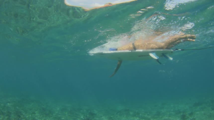 Underwater view of a girl paddling on her surfboard in the ocean