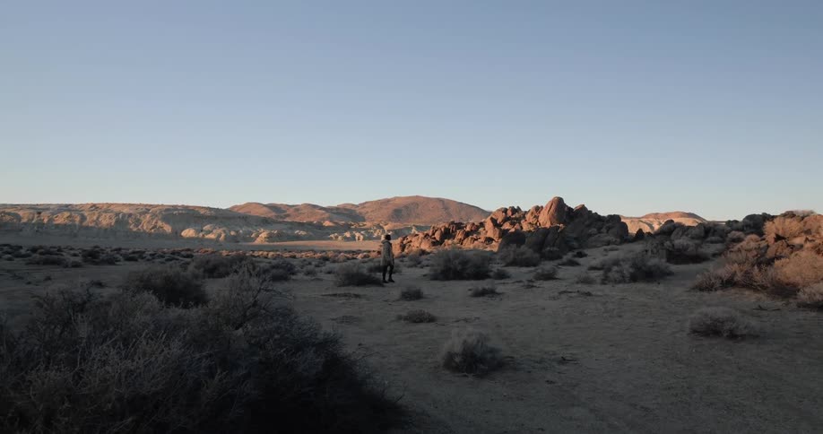 A woman in a long jacket walks through an arid desert landscape