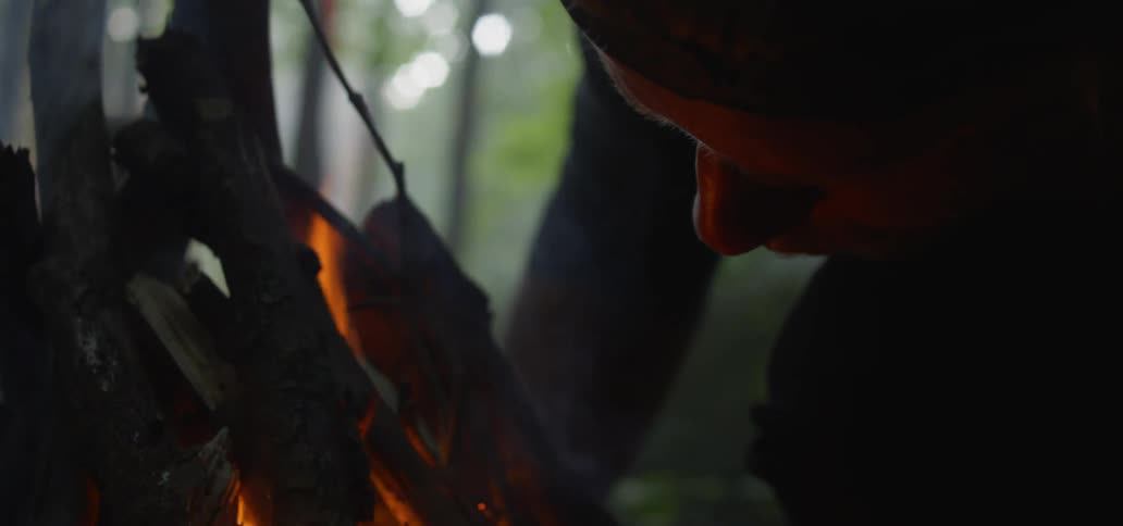 Person carefully start campfire among trees