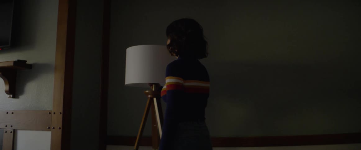 A woman turns on a floor lamp then turns and walks away