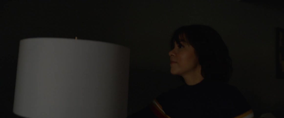 Woman turns on lamp in dark room